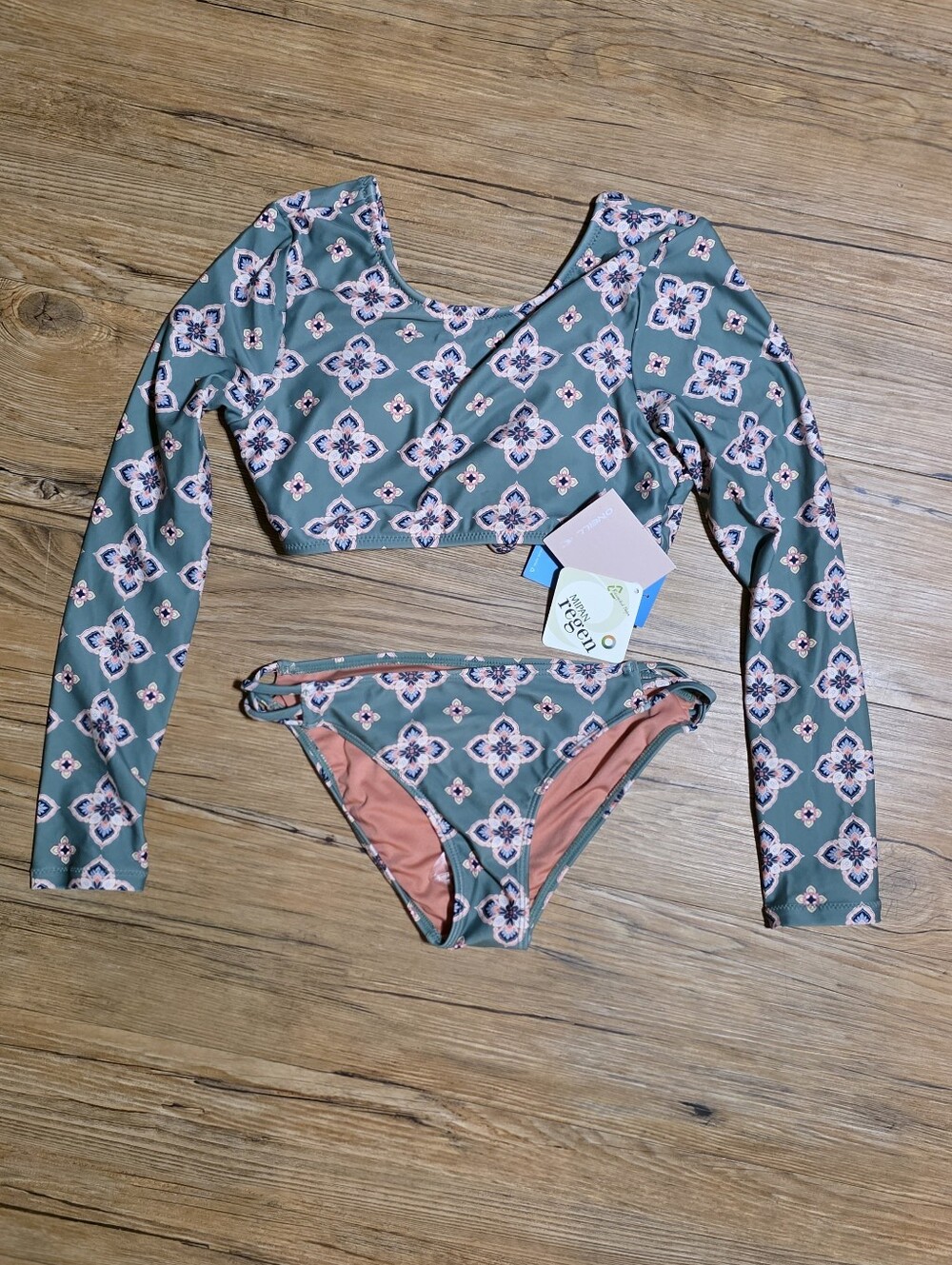 NWT O'Neill Green Floral Girls' Long Sleeve Swim Crop Set SZ 12 - Picture 2 of 8